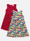 Lilpicks  Maroon and Multi All Over Printed Pack of 2 Bow Flared Dress