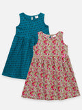 Lilpicks Teal and Multi All Over Printed Pack of 2 Bow Flared Dress