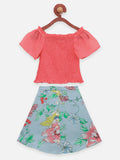 Lilpicks Peach Short Sleeve Top and Floral Skirt Set