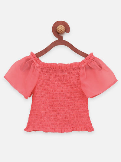 Lilpicks Peach Short Sleeve Top and Floral Skirt Set