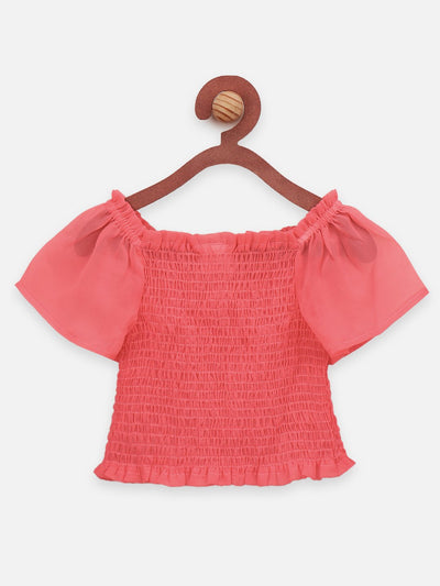 Lilpicks Peach Short Sleeve Top and Floral Skirt Set