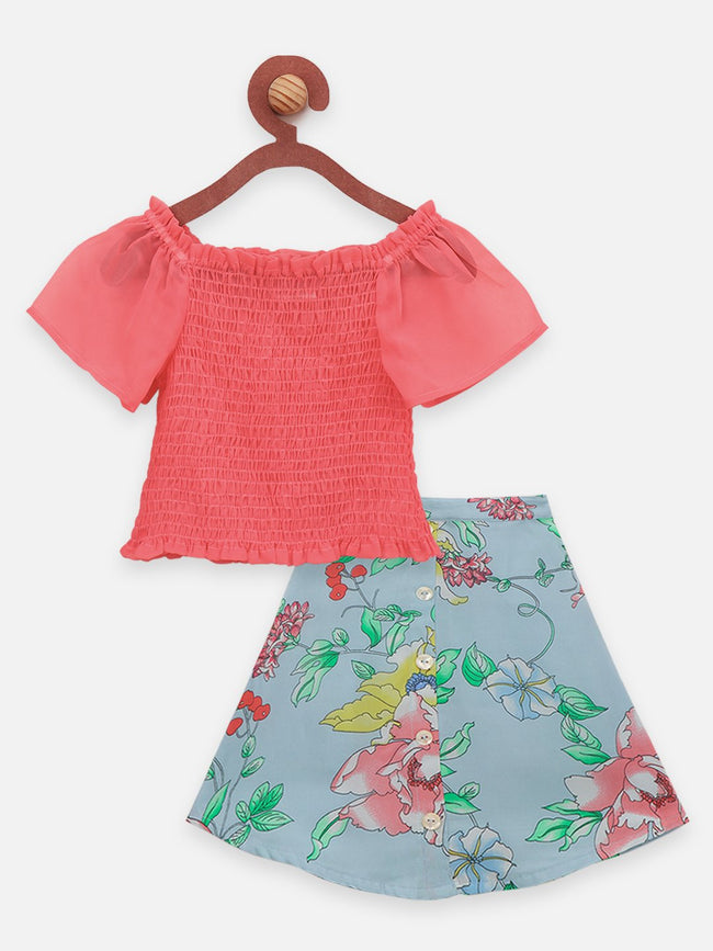 Lilpicks Peach Short Sleeve Top and Floral Skirt Set