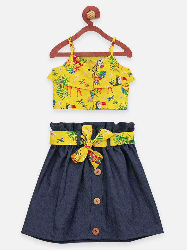 Lilpicks Yellow Funky Jungle Print Sleevless Top And Denim Skirt set