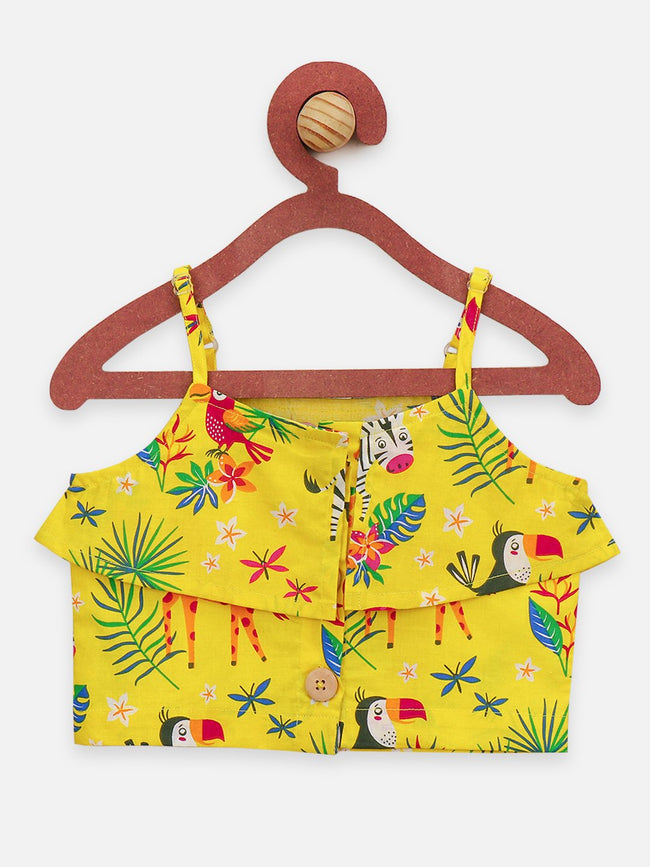 Lilpicks Yellow Funky Jungle Print Sleevless Top And Denim Skirt set