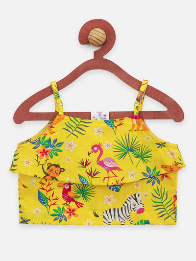 Lilpicks Yellow Funky Jungle Print Sleevless Top And Denim Skirt set