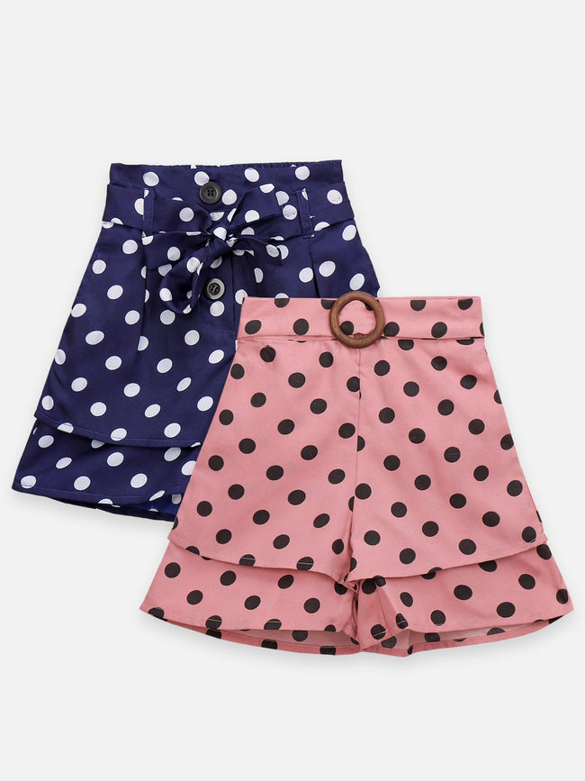 Lilpicks Blue And Peach Polka Print Pack Of 2 Shorts