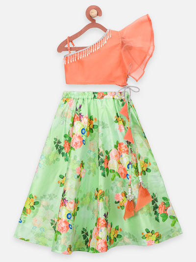 Bright Floral Green Lehenga with Peach One side Shoulder Choli