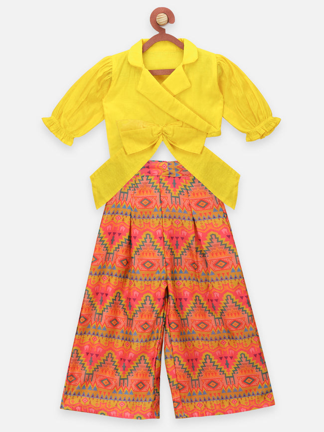 Aztec Print Flared Palazzo with Lime Yellow Flounce Blouse