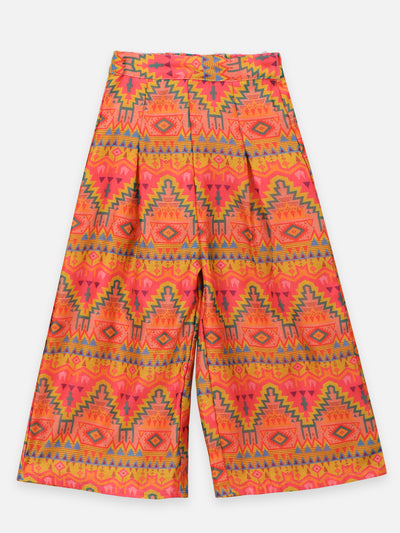 Aztec Print Flared Palazzo with Lime Yellow Flounce Blouse