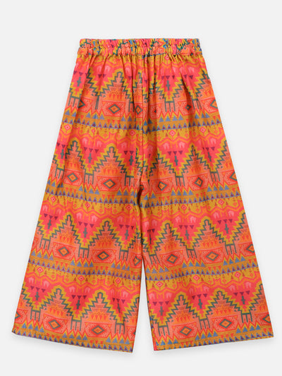 Aztec Print Flared Palazzo with Lime Yellow Flounce Blouse