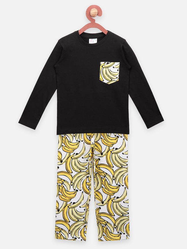 LilPicks Black Tshirt with Banana Print Nightsuit