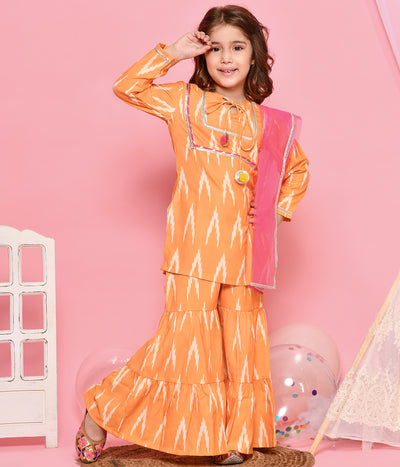 Yellow Ikat Gota Details Kurti Sharara Set
