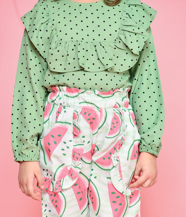 Green Polka Frilly Top with Watermelon Print Palazzo Set