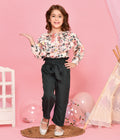 Beige & Green Floral Printed Frilled Top & Trouser Set for Girls