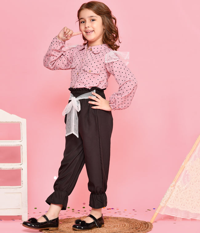 Dusky Pink Polka Shirt with Black Jogger style Pant Set