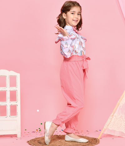 Girls Co ord Pink & White Hot Air Balloon Bow Top with Jogger Trousers