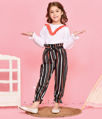 Lacy White Top with Stripe Print Jogger style Pant Set