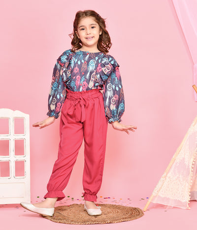 Dream Catcher Ruffled Top with Jogger Style Pant Set