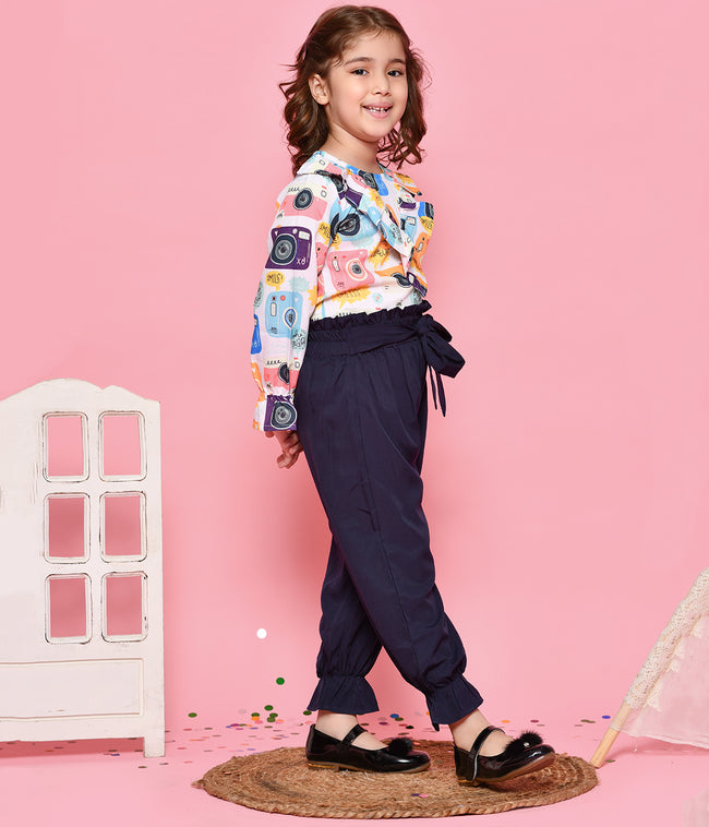 Funky Camera Print Ruffled Top with Jogger Style Pant Set