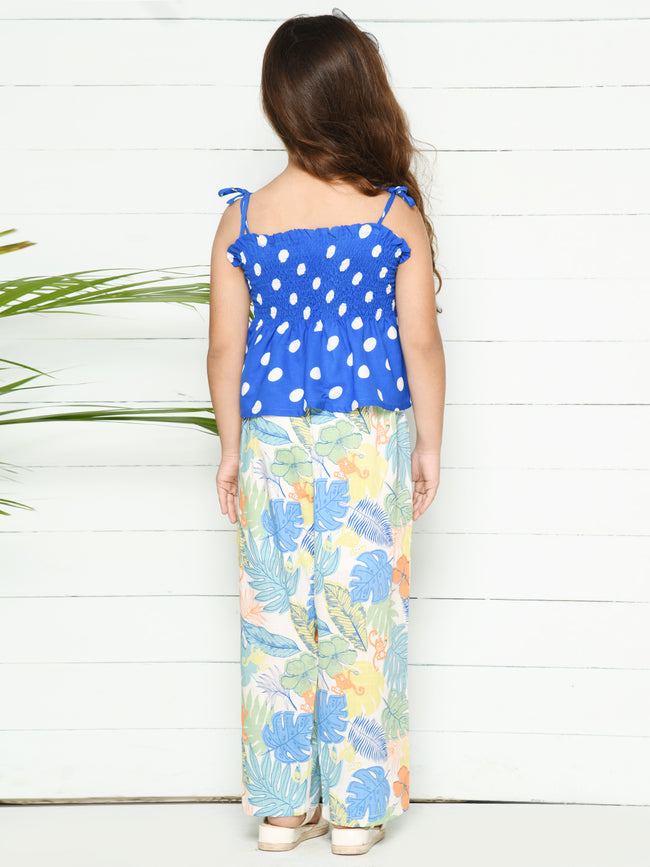 Blue White Electric Polka Top with Palazzo Pants Set