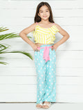 Yellow Light Blue Ruffled Top with Polka Palazzo Set