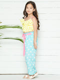 Yellow Light Blue Ruffled Top with Polka Palazzo Set