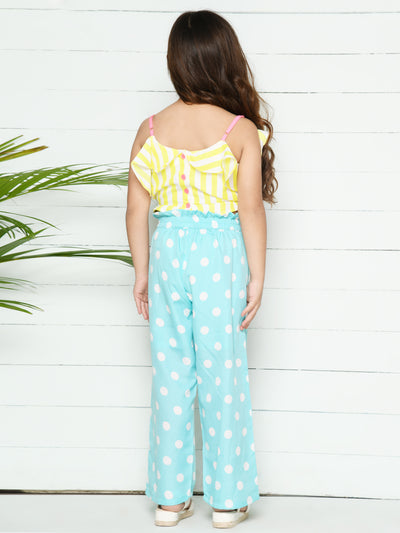 Yellow Light Blue Ruffled Top with Polka Palazzo Set