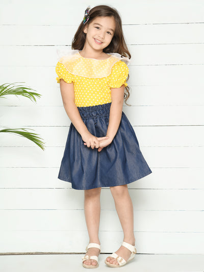 Yellow Blue Polka Puff Sleeves Top with Denim Skirt Set