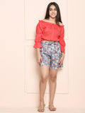 Red Grey High Fashion Top with Floral Shorts Set