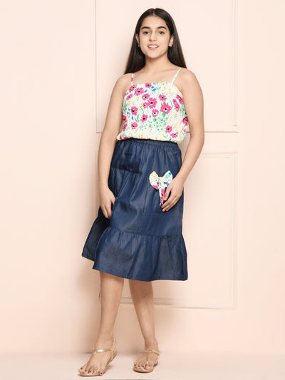 Multi Denim Blue Strappy Floral Top with Tiered Denim Skirt Set