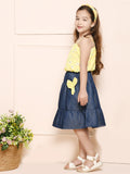 Neon Yellow Blue Floral Top with Tiered Denim Skirt Set