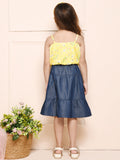 Neon Yellow Blue Floral Top with Tiered Denim Skirt Set