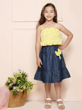 Neon Yellow Blue Floral Top with Tiered Denim Skirt Set