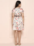 Creamy White Floral Shiny Belted Layered Dress