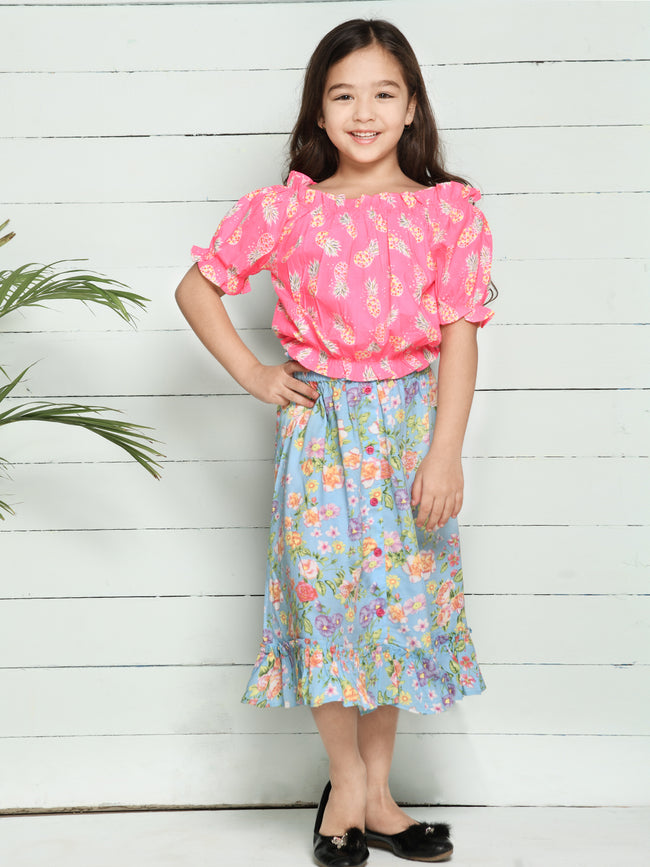 Pink Blue Pineapple Print Bardot Top with Floral Skirt Set