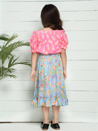 Pink Blue Pineapple Print Bardot Top with Floral Skirt Set