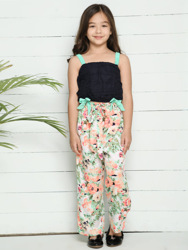 Black Multi Gathered Crop Top with Floral Pant Set