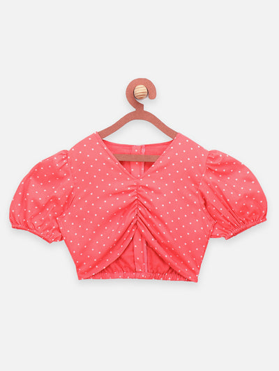 Pink Black Polka Crop Top with Floral Pant Set