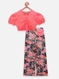 Pink Black Polka Crop Top with Floral Pant Set