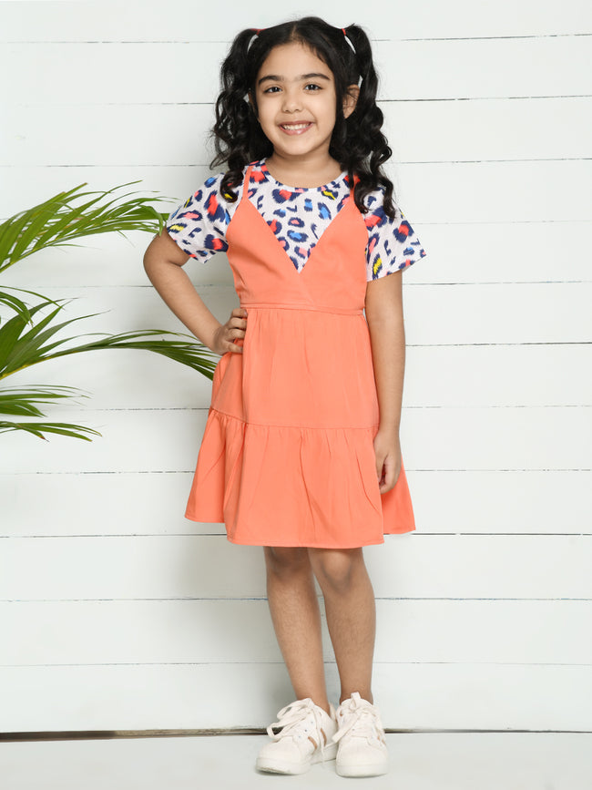 Peach White Pinafore Attached Dress
