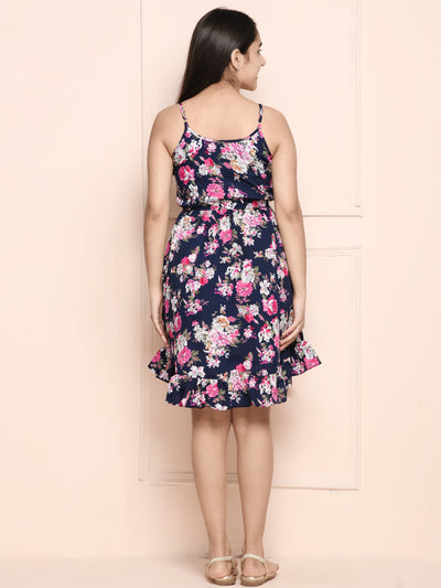 Navy Blue Pink Floral Wrap Dress