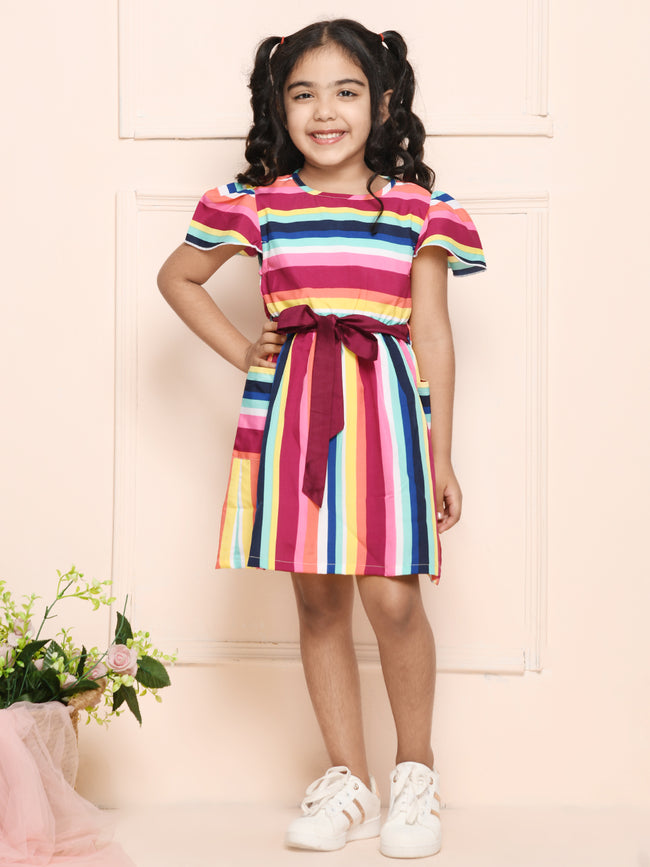 Multicoloured Striped Fit & Flare Girls Dress with Pockets