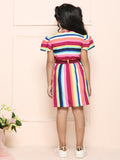 Multicoloured Striped Fit & Flare Girls Dress with Pockets