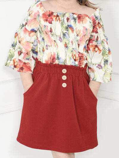 Multi Maroon Floral Smocking Top with Pencil Skirt Set