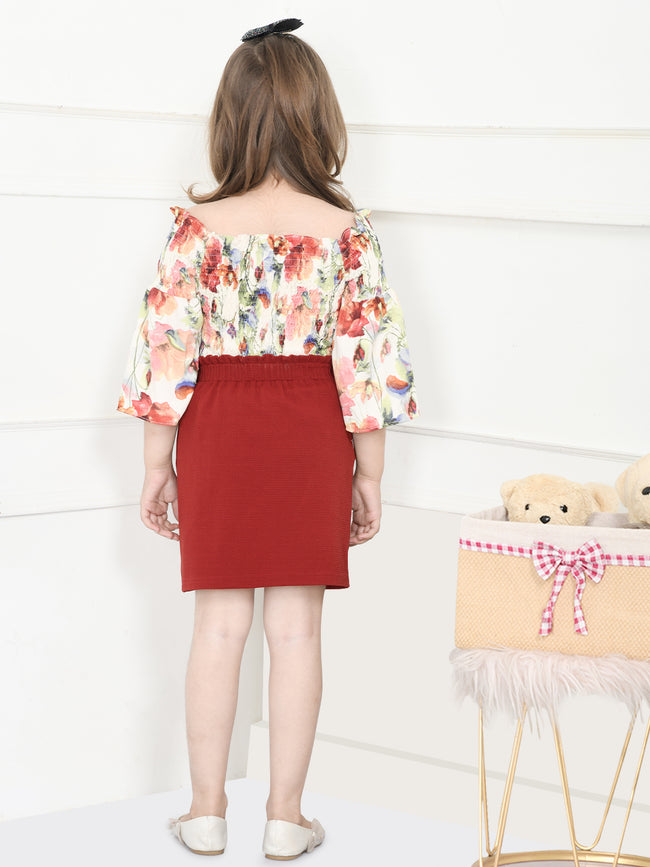 Multi Maroon Floral Smocking Top with Pencil Skirt Set