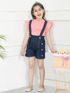 Pick Denim Blue Gathered Sleeves Top with Dungaree Shorts Set