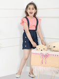 Pick Denim Blue Gathered Sleeves Top with Dungaree Shorts Set