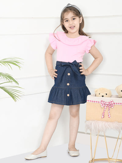 Pink Navy Blue Top with Denim Skirt Set