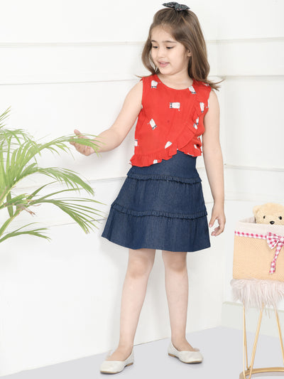 Red Navy Blue Cat Print Top with Denim Skirt Set