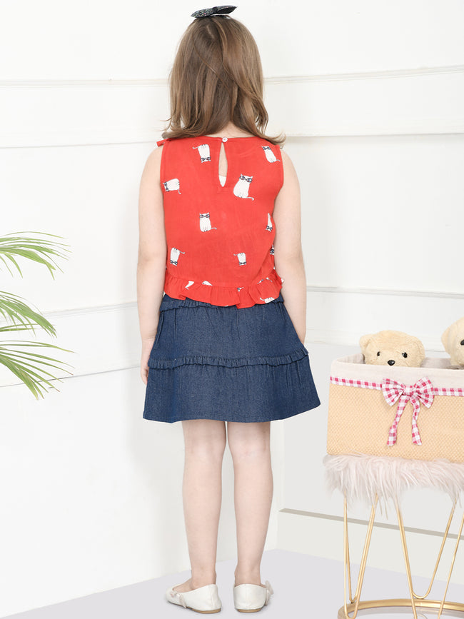 Red Navy Blue Cat Print Top with Denim Skirt Set